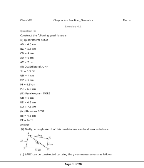 NCERT Solutions for Class 8 Maths Chapter 4 Practical Geometry - Free PDF