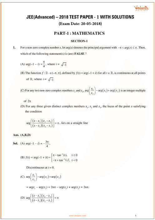 JEE Advanced 2018 Maths Question Paper-1 with Answer Keys ...