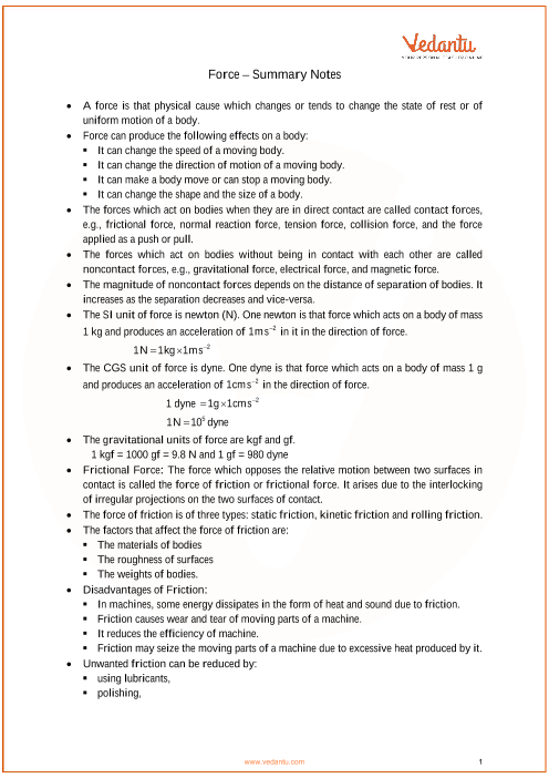 ICSE Class 10 Physics Chapter 1 Force Revision Notes